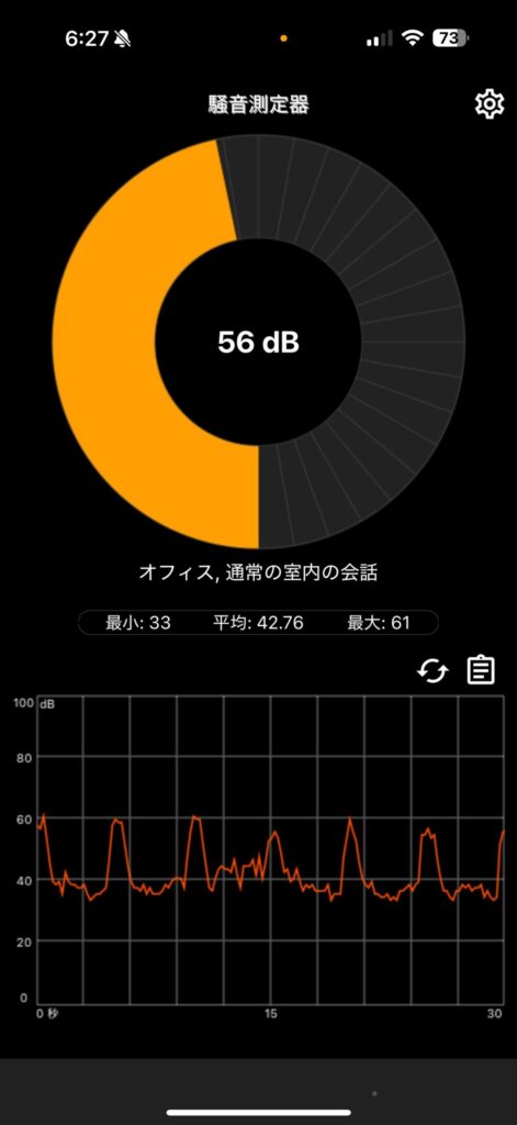 稼働音を騒音計測アプリで測定