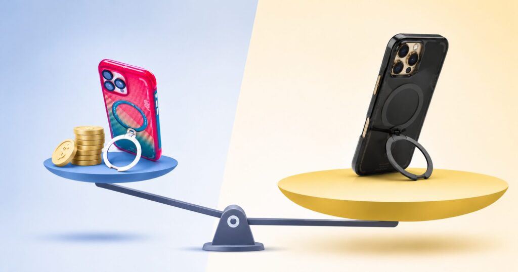 通常モデル(黒)とポルトガル代表モデル(赤×金)の価格差を天秤で表現したイメージ図