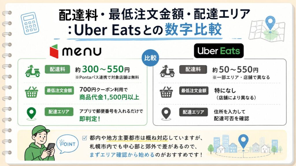 menuの配達料・最低注文金額・配達エリアの早見表