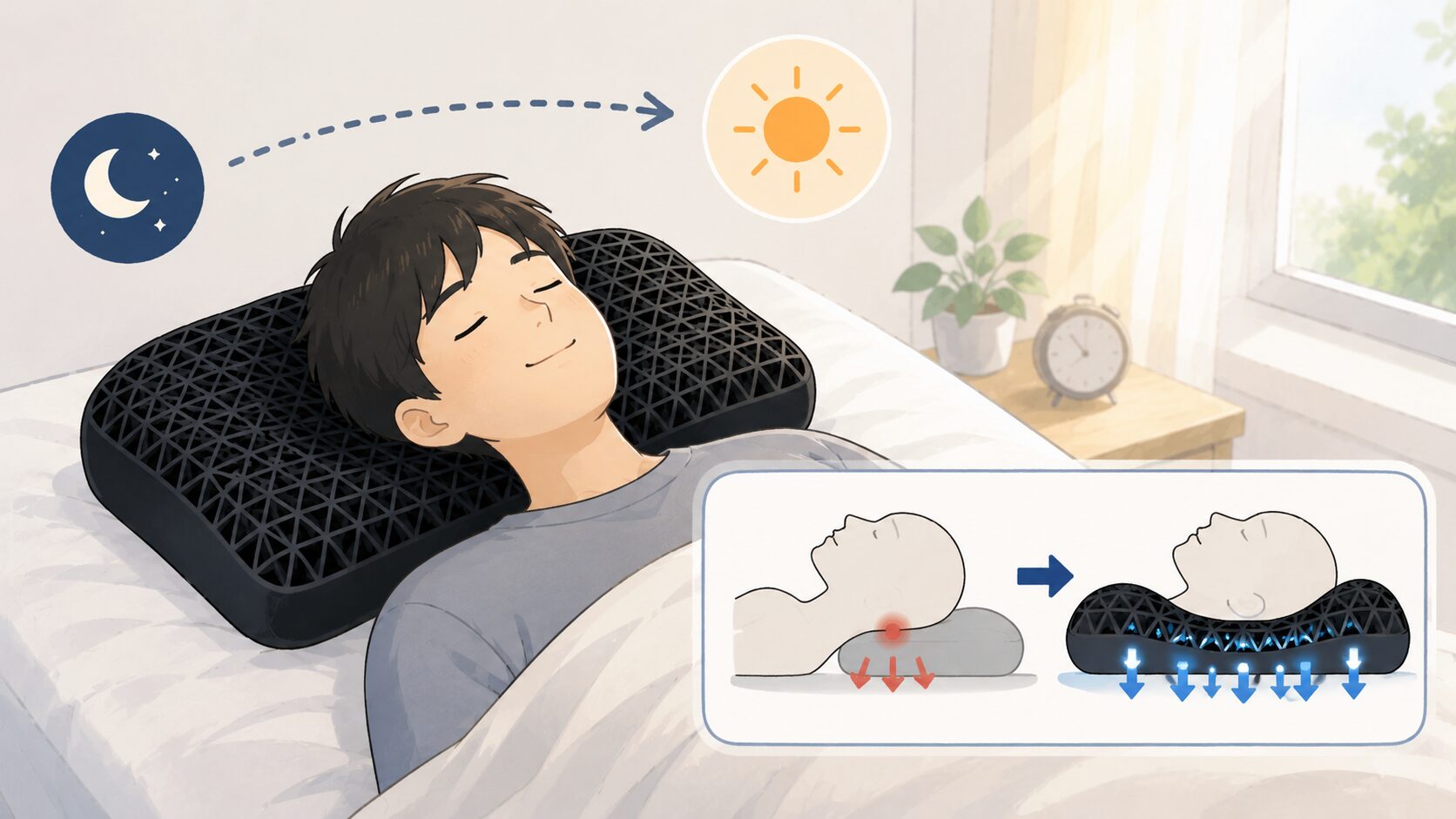 ヒツジのいらない枕の圧力分散のイラスト。頭の重さを面で支えるから朝まで目が覚めにくい