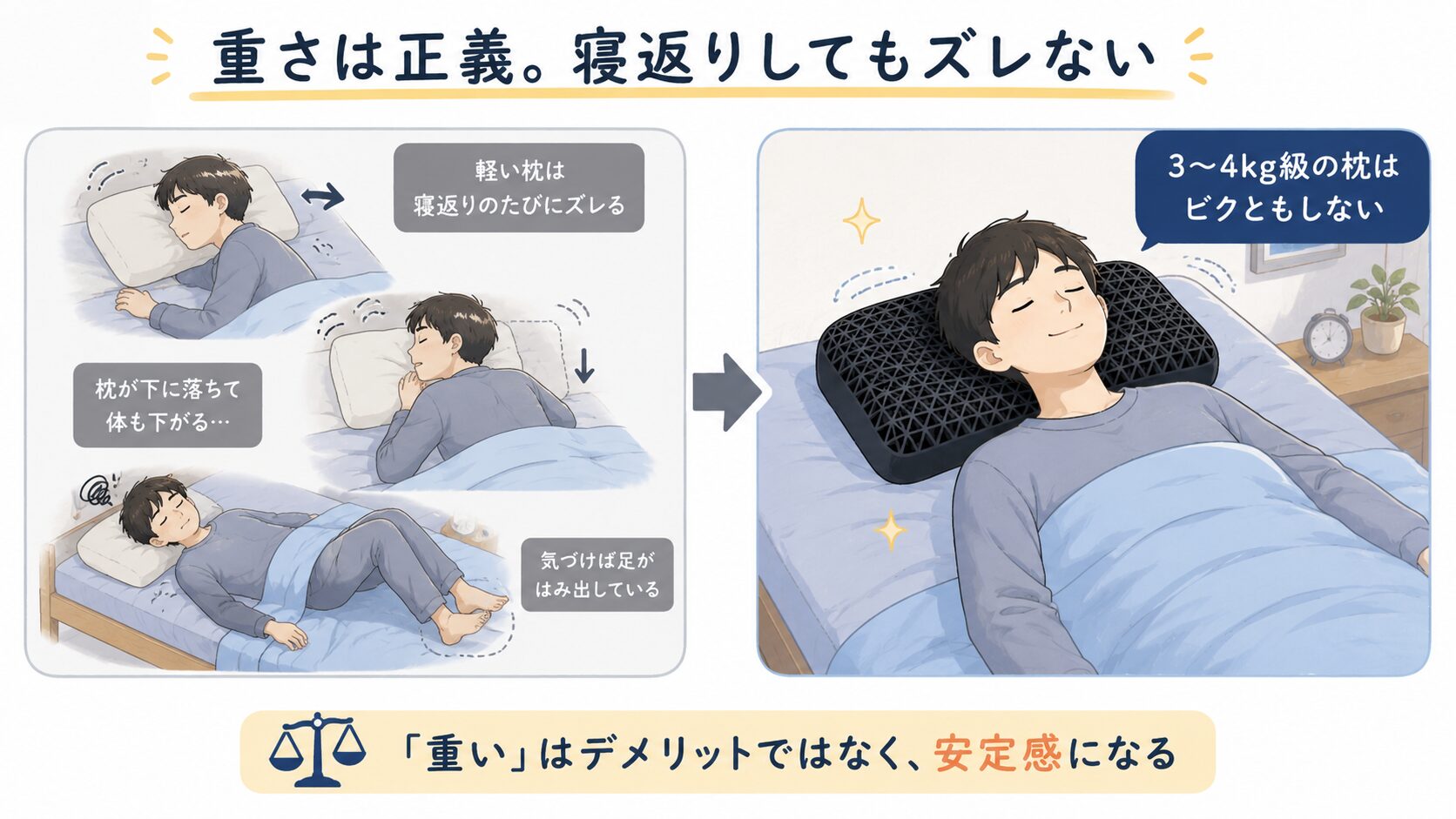 軽い枕は寝返りのたびにズレるが、3〜4kg級のヒツジのいらない枕はビクともしないことを比較したイラスト