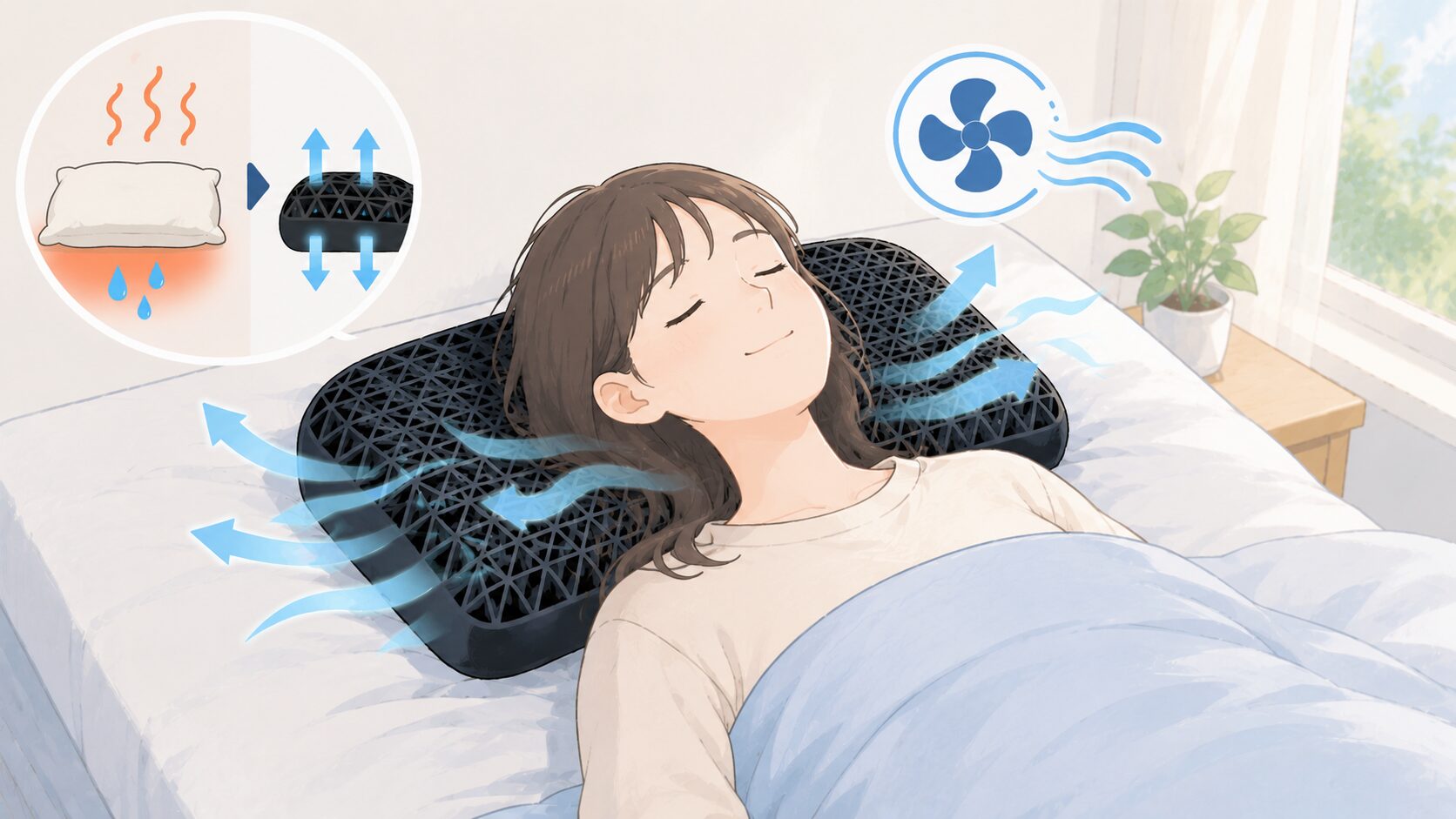 ヒツジのいらない枕の通気性のイラスト。素材の空洞を風が抜けて頭まわりに熱がこもらない