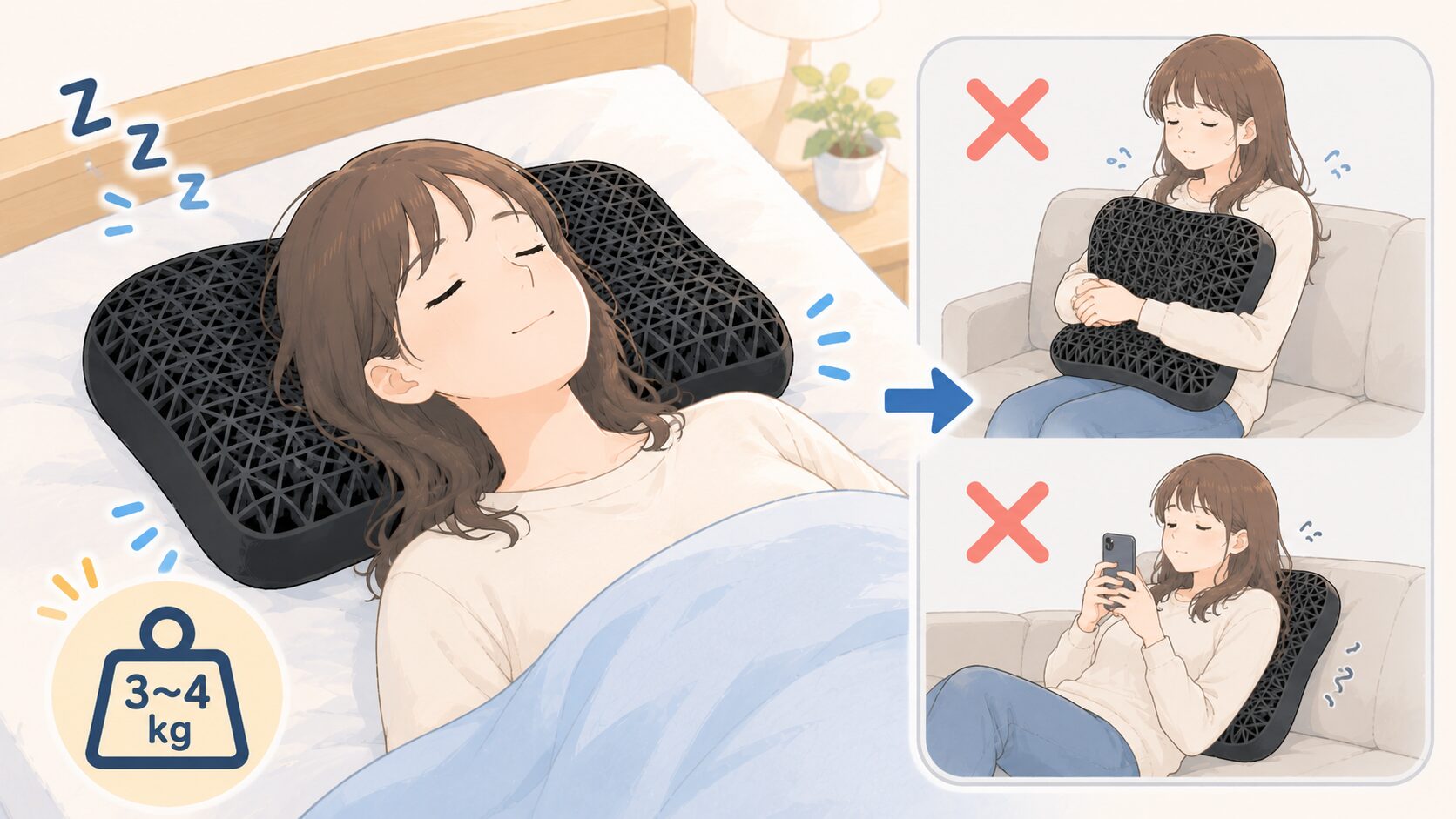 ヒツジのいらない枕は3〜4kgと重く、ソファのクッション代わりには使えない枕専用であることを示すイラスト