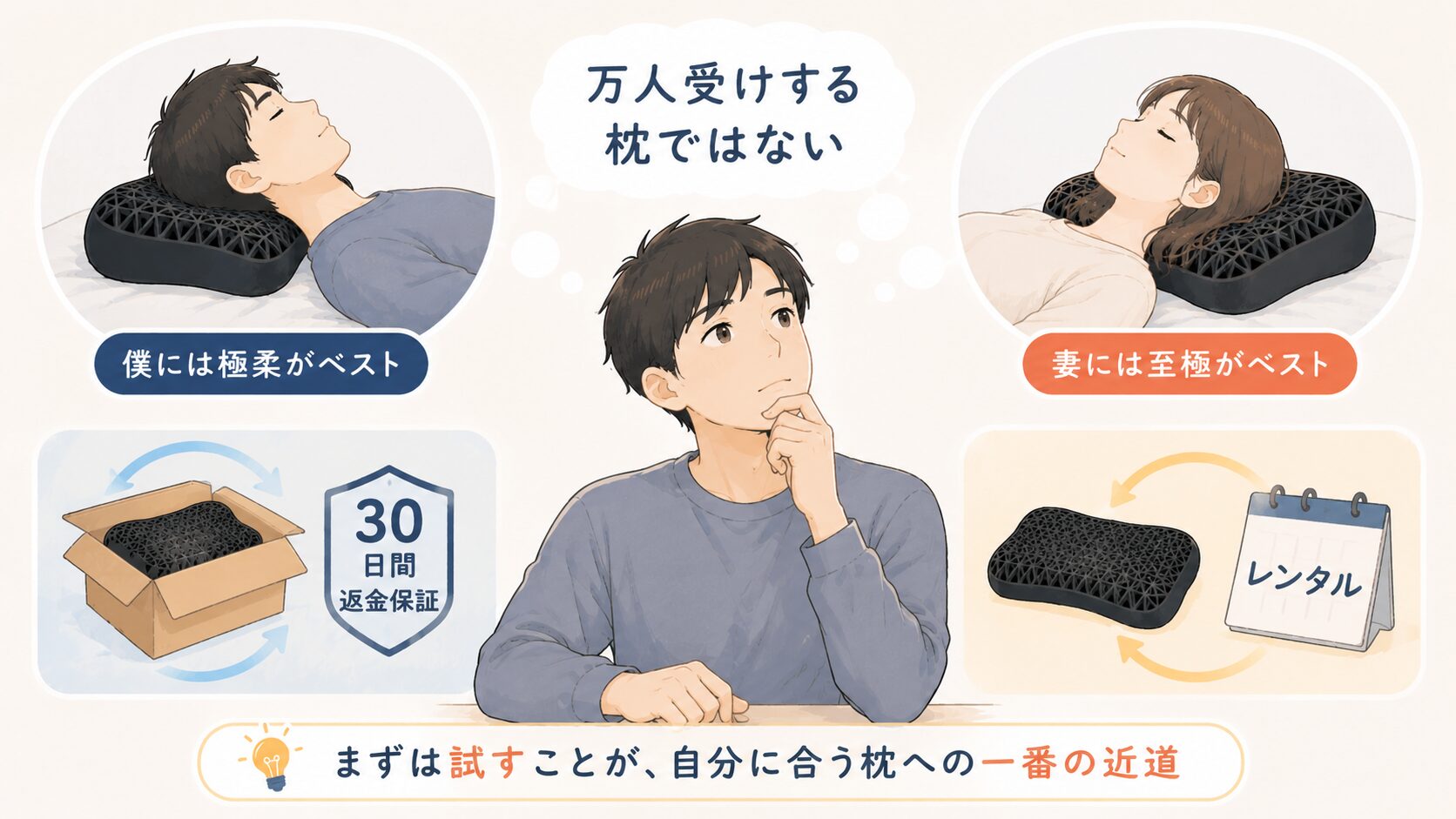 枕は相性商品で万人受けしない。夫は極柔・妻は至極に分かれた例と、30日間返金保証やレンタルで試せることを示すイラスト