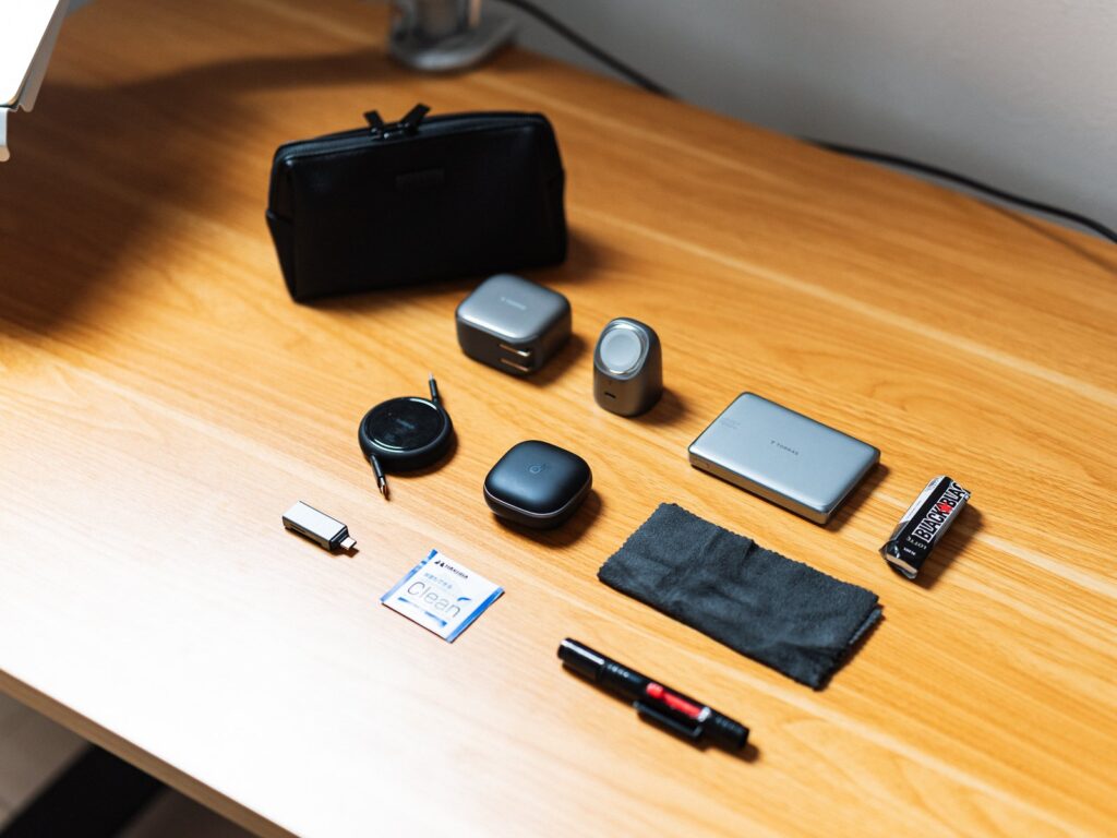 ガジェットポーチの中身を斜め上から並べた様子。Anker Style Pouchの手前に充電器やモバイルバッテリー、清掃用品が配置されている。