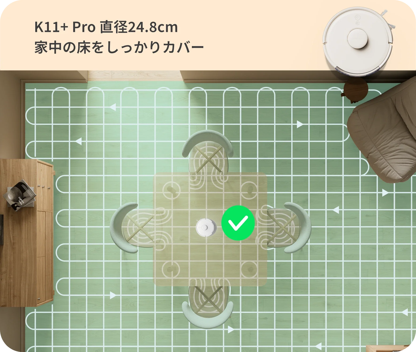 SwitchBot K11+ Proが部屋の間取りに沿って掃除ルートを組み立て、テーブルとイスの下まで掃除するイメージ図