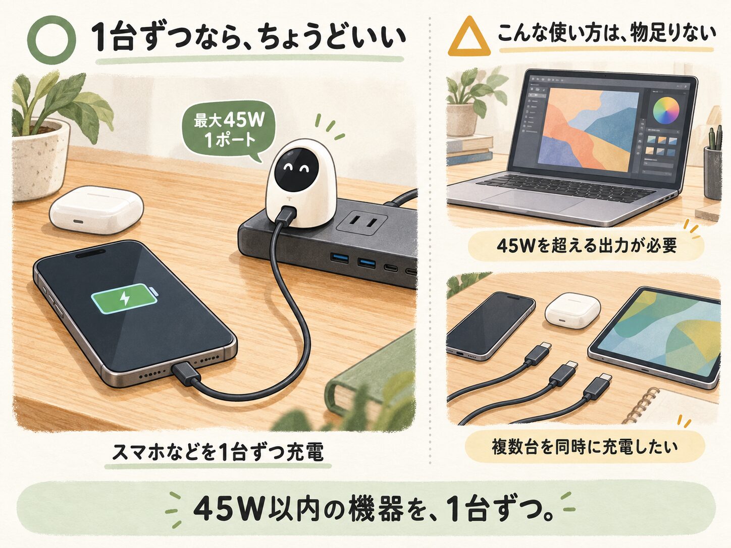 45W・1ポートの充電器が向く使い方を示したイラスト。左はスマホなどを1台ずつ充電する場面、右は45Wを超える出力が必要なノートPCや、複数台を同時に充電したい場面。