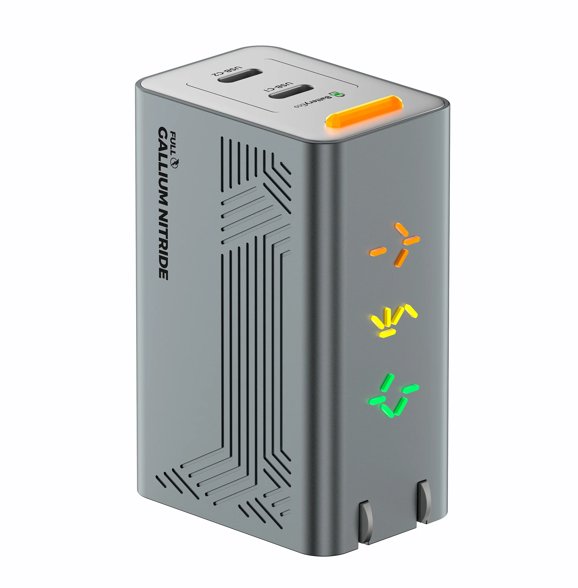 PHYSCE 67W GaN急速充電器のウェッブグレーの製品イメージ。グレーの本体側面で、オレンジ・黄・緑のライトが光っている。