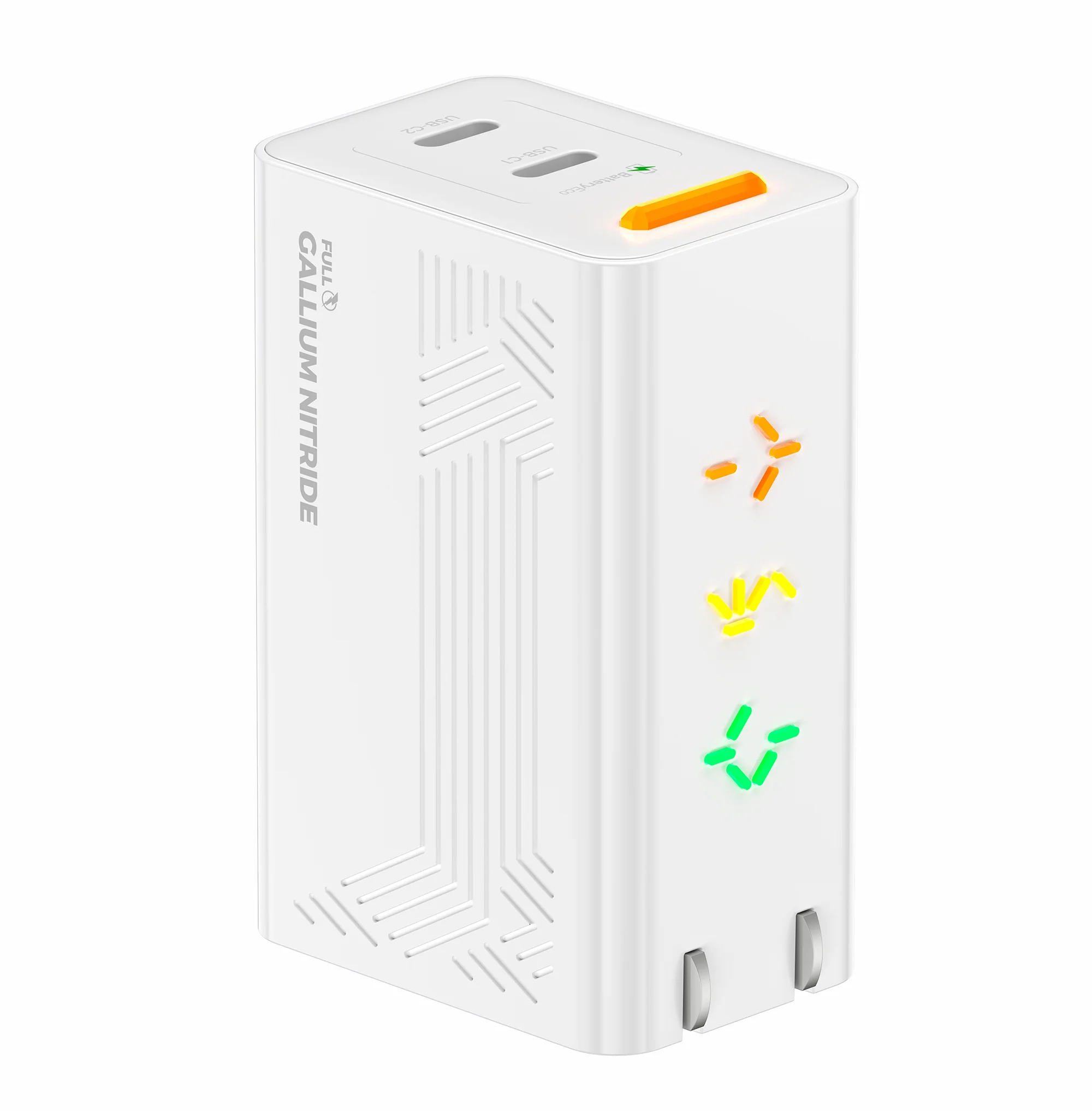 PHYSCE 67W GaN急速充電器のスターダストホワイトの製品イメージ。白い本体側面で、オレンジ・黄・緑のライトが光っている。