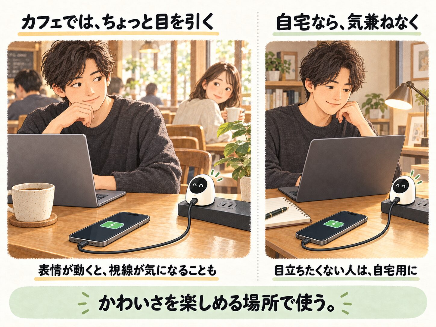 表情が動く充電器をカフェで使う場面のイラスト。左は周りの視線が気になる様子、右は自宅のデスクで気兼ねなく使う様子。