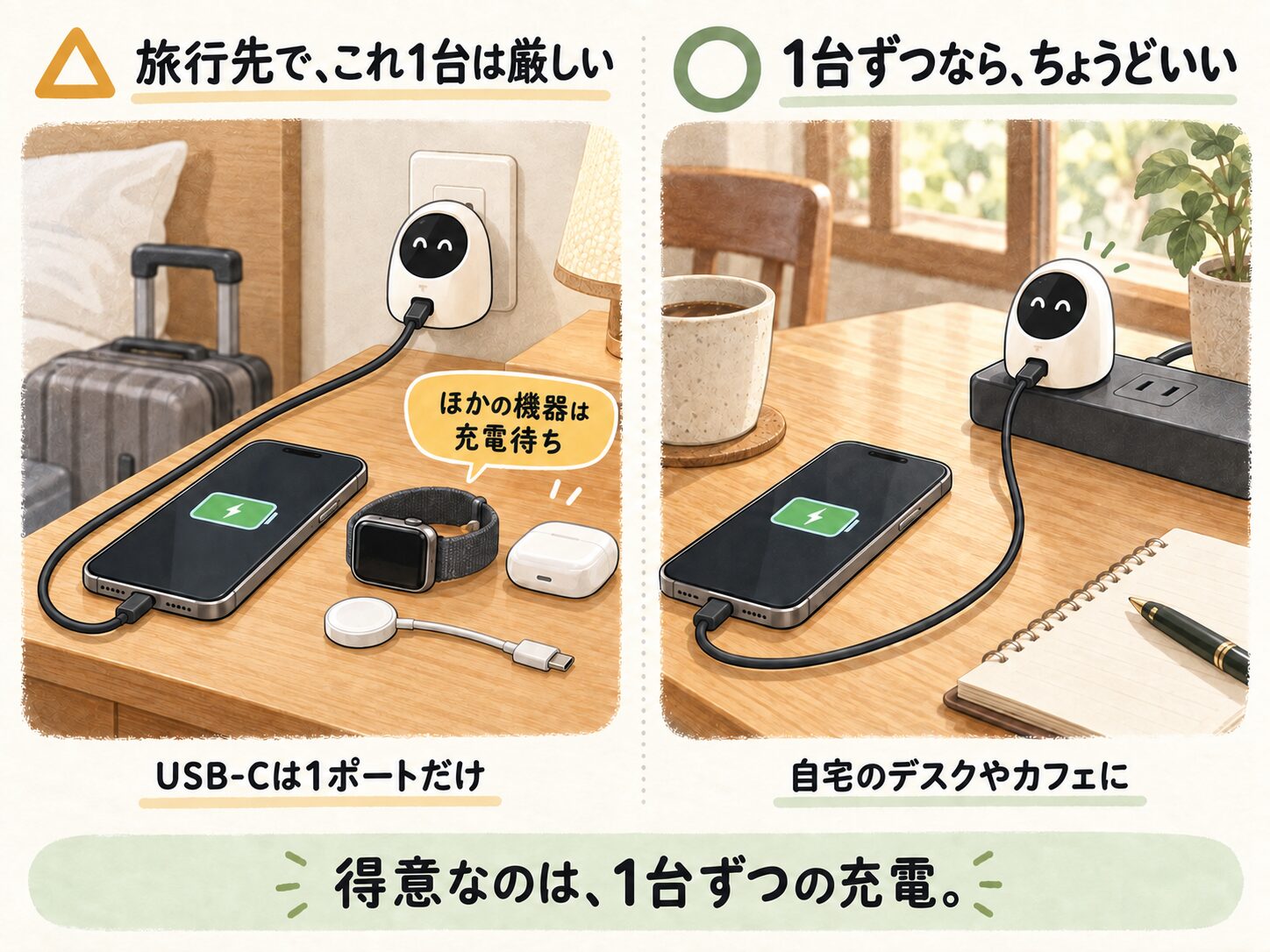 1ポート充電器の使いどころを示したイラスト。左は旅行先でほかの機器が充電待ちになる場面、右は自宅のデスクやカフェで1台ずつ充電する場面。
